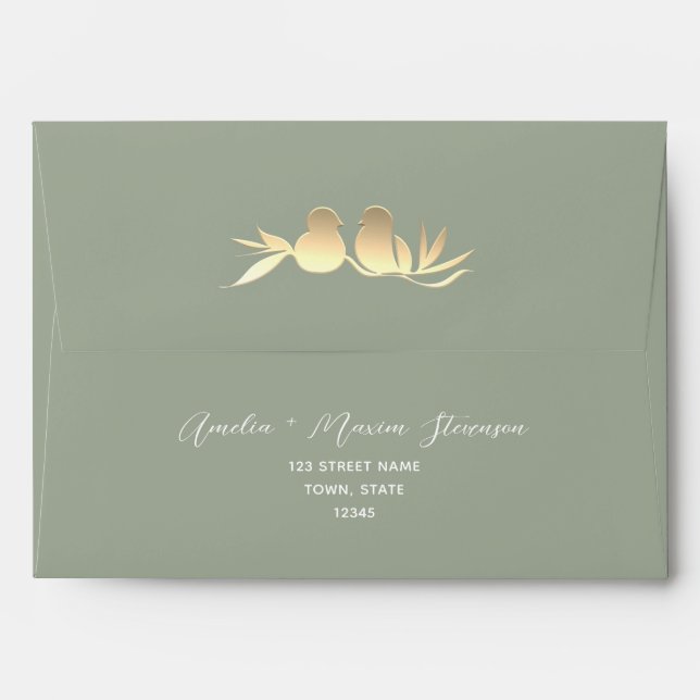 Sage Green Gold Lovebirds Wedding Envelope (Back (Top Flap))