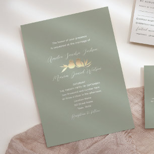 Sage Green Gold Lovebirds Wedding Invitation