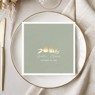Sage Green Gold Lovebirds Wedding Napkin