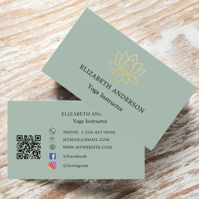 Sage green gold lutus flower Yoga Instructor Business Card (Creator Uploaded)