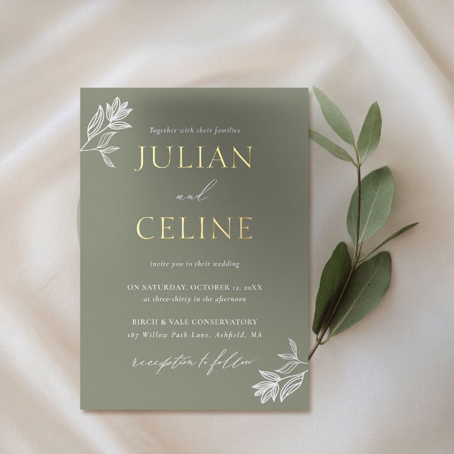 Sage Green Gold Minimal Greenery Elegant Wedding (sage green wedding invitation gold minimal white greenery modern classic simple elegant luxury)