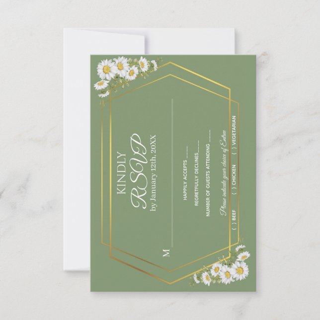 Sage Green Gold Minimalist Floral Wedding RSVP Card (Front)
