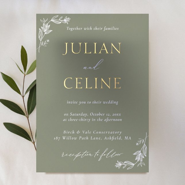 Sage Green Gold Minimalist White Greenery Wedding (sage green wedding invitation gold foil minimal white greenery modern classic simple clean elegant)