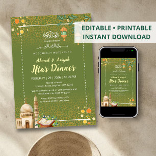 Sage Green & Gold Mosque Ramadan Iftar Invitation