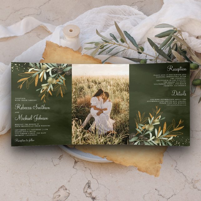 Sage Green Gold Olive Leaves Branch Photo Wedding Tri-Fold Invitation (Creator Uploaded)
