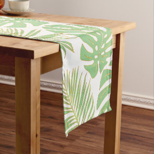 Sage green, gold palm and monstera tropical leaves short table runner
