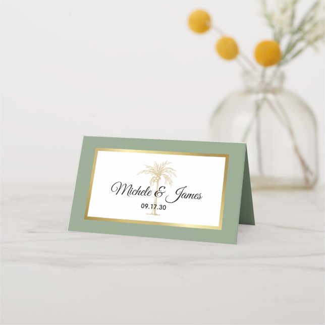 Sage Green Gold Palm Tree Modern Wedding Place Card (Front)