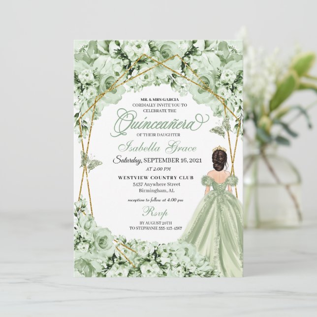 Sage Green Gold Princess Dress Quinceanera Invitation (Standing Front)