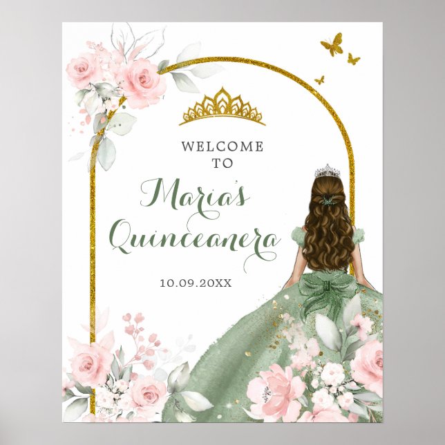 Sage Green Gold Princess Quinceanera Welcome Poster (Front)