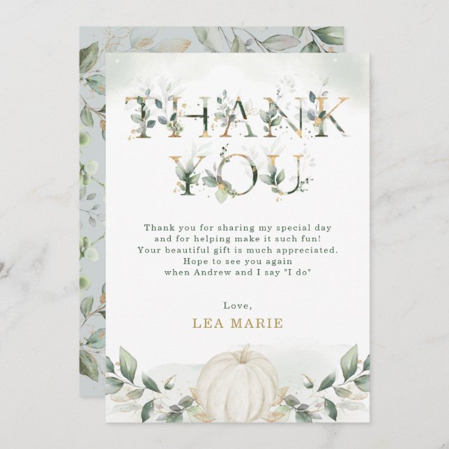 Sage Green Gold Pumpkin Eucalyptus Bridal Shower Invitation (Front/Back)