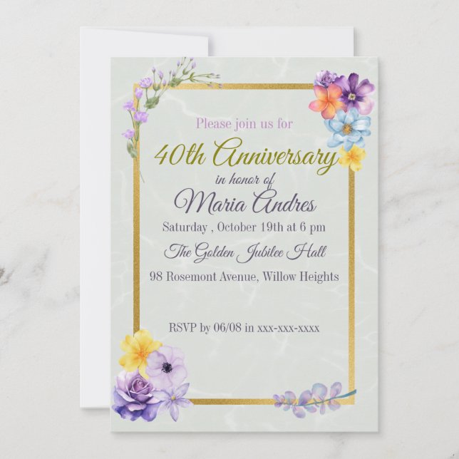 Sage Green & Gold purple 40th Birthday floral Invitation (Front)