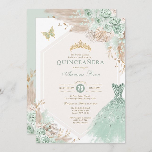 Sage Green Gold Quinceañera Boho Floral Birthday Invitation (Front/Back)