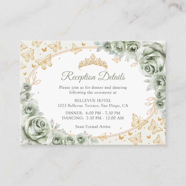 Sage Green Gold Quinceanera Reception Details Enclosure Card (Front)