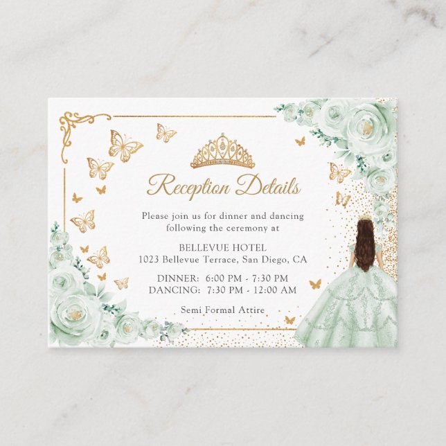 Sage Green Gold Quinceanera Reception Details Enclosure Card (Front)