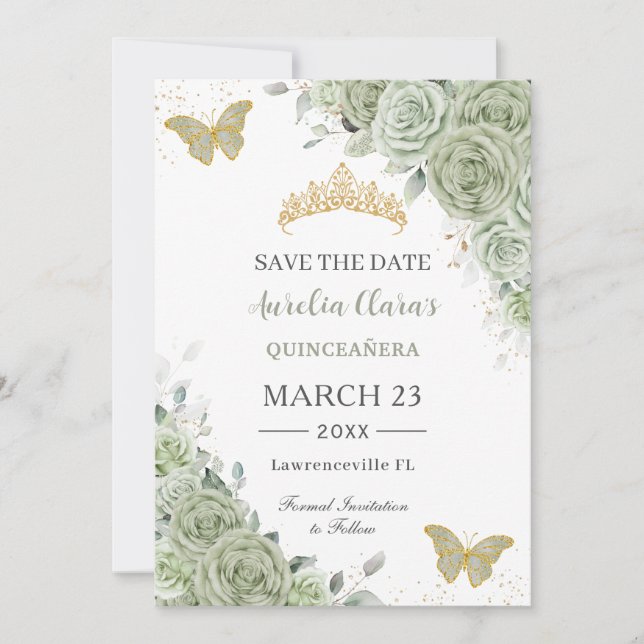 Sage Green Gold Quinceanera Sweet 16 Butterflies Save The Date (Front)
