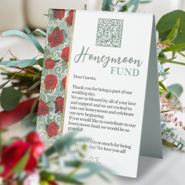   Sage Green Gold Red Roses QR Code Honeymoon Fund (Creator Uploaded)