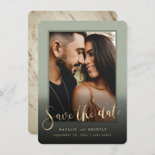 Sage Green Gold Script & Marble Photo Overlay Save The Date