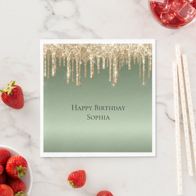 Sage Green Gold Sparkle Glitter Drips Birthday Napkin (Insitu)