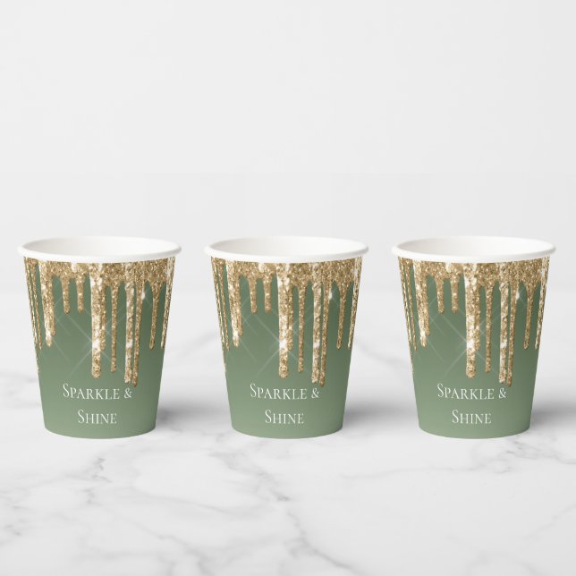 Sage Green Gold Sparkle Glitter Drips Birthday Paper Cups (Multi)