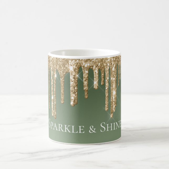 Sage Green Gold Sparkle Glitter Drips Coffee Mug (Center)