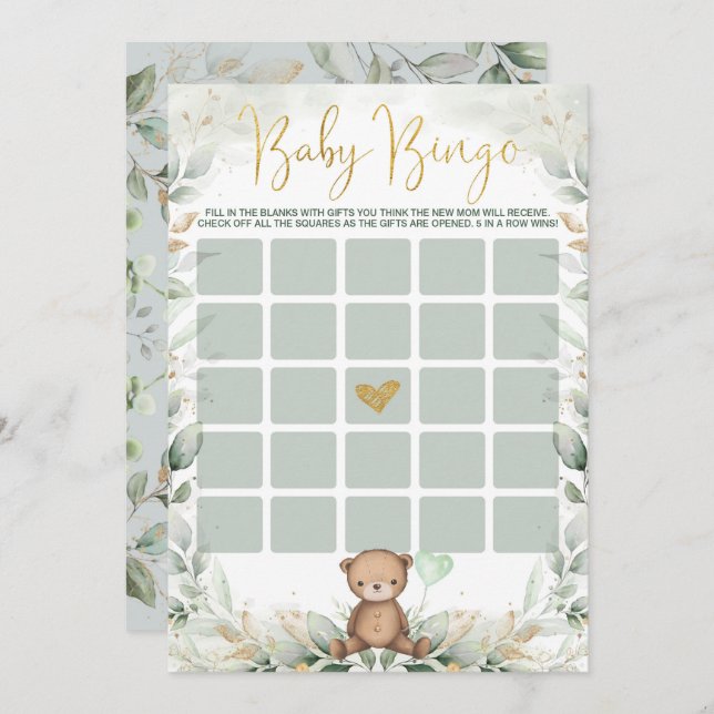 Sage Green Gold Teddy Bear Bingo Baby Shower Game Invitation (Front/Back)