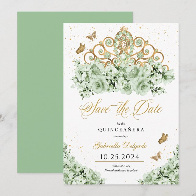 Sage Green & Gold Tiara Save The Date Quinceañera Invitation (Front/Back)