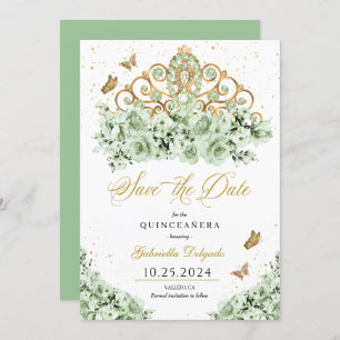 Sage Green & Gold Tiara Save The Date Quinceañera Invitation
