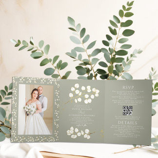 Sage Green Gold Trifold Letter Fold Invitation