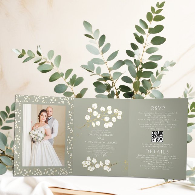 Sage Green Gold Trifold Letter Fold Invitation (Creator Uploaded)