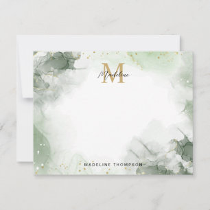Sage Green Gold Watercolor Splash Script Monogram Card