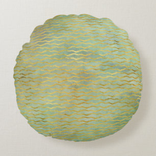 Sage Green & Gold Watercolor Wave Stripes Round Cushion