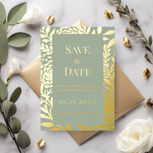 Sage green gold wedding Save the Date foil card