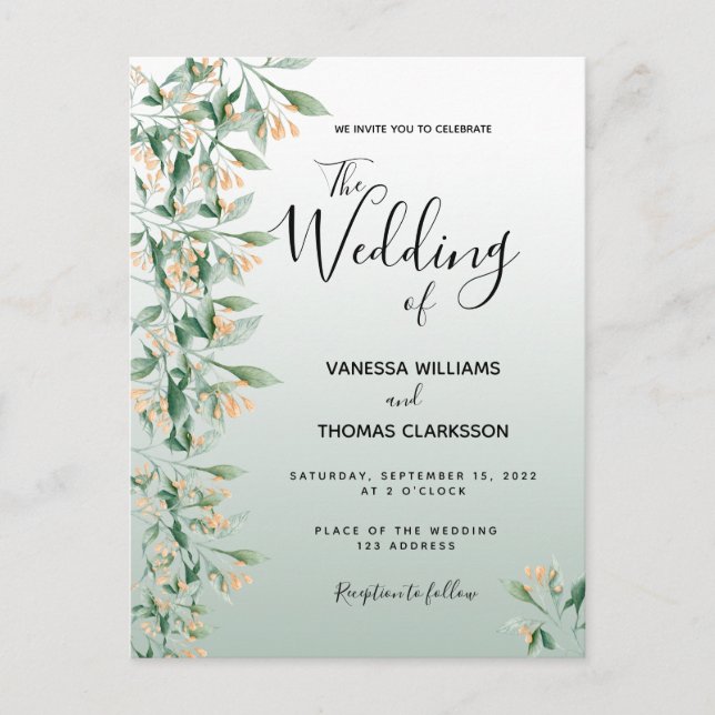 Sage green golden botanical wedding invitation postcard (Front)