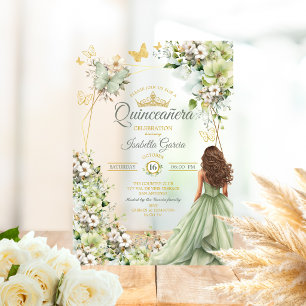 Sage Green Golden Butterfly Floral Quinceañera Acrylic Invitations