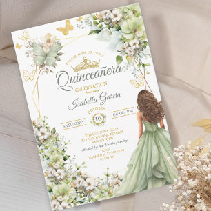 Sage Green Golden Butterfly Floral Quinceañera Invitation