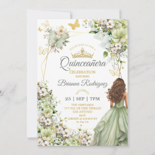 Sage Green Golden Tiara Butterfly Quinceañera Invitation