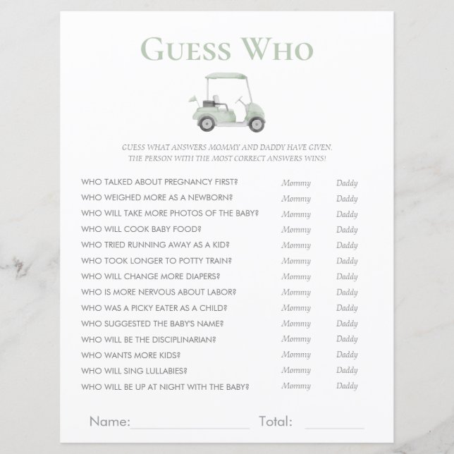 sage green golf baby shower guess who game (Front)
