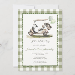 Sage Green Golf Cart Birthday Party gingham Invitation
