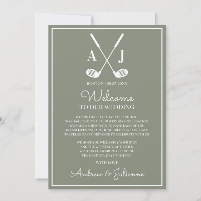 Sage Green Golf Wedding Welcome Note Invitation (Front)