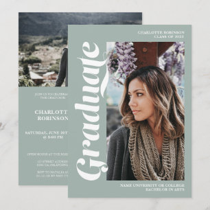 Sage green graduate script 3 photo graduation invitation
