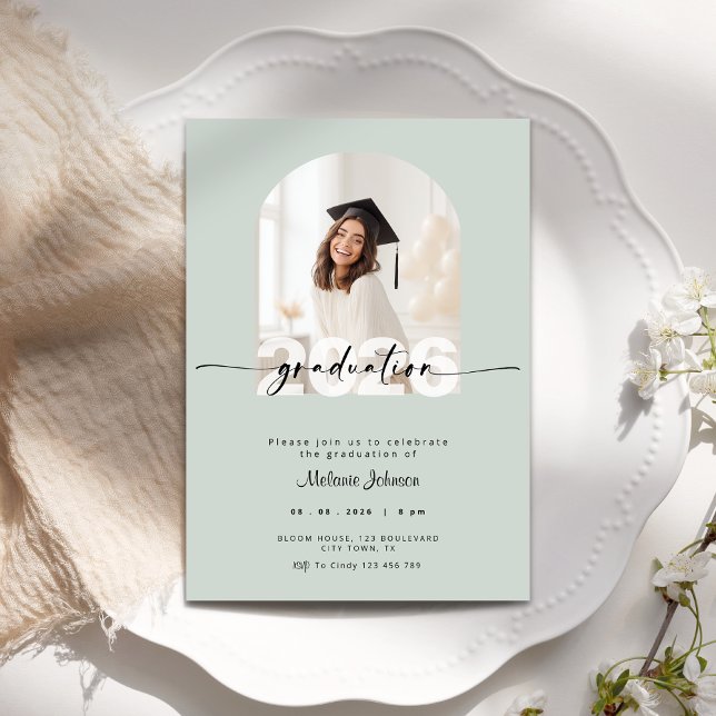 Sage Green Graduation Invitation with Photo - 2026 (Sage green graduation invitation with photo.)