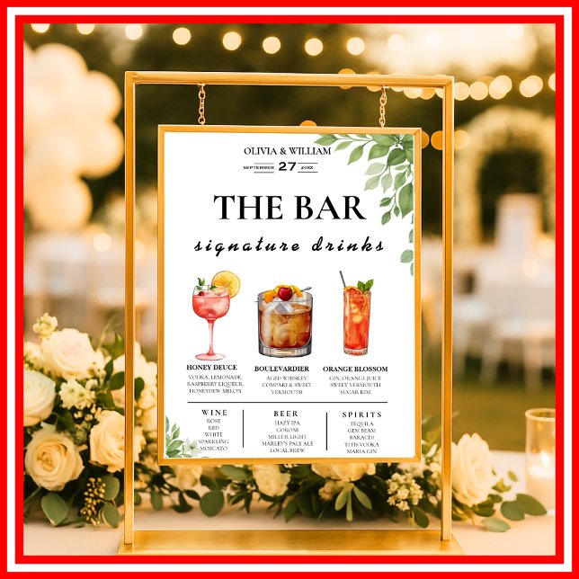 Sage Green Greenery Bar Menu Wedding Drink Sign (Creator Uploaded)
