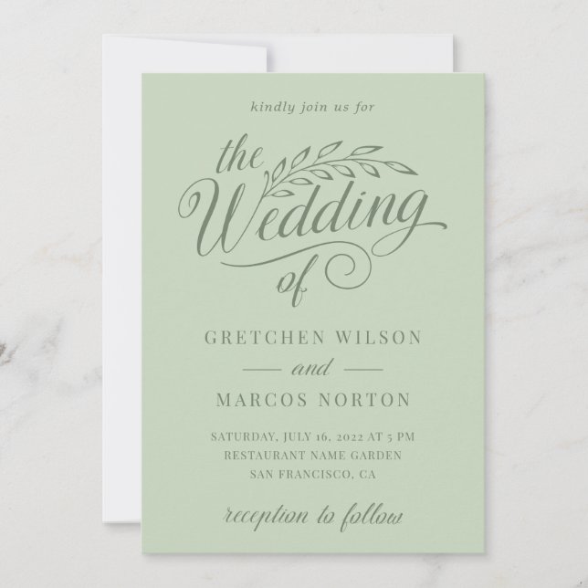 Sage Green Greenery  Elegant Calligraphy Wedding  Invitation (Front)