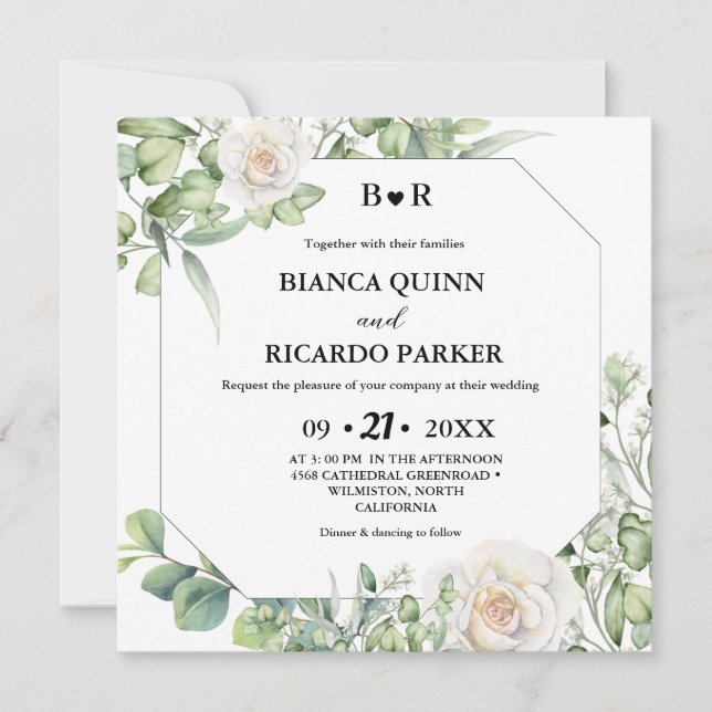 Sage Green greenery eucalyptus Square Wedding Invitation (Front)