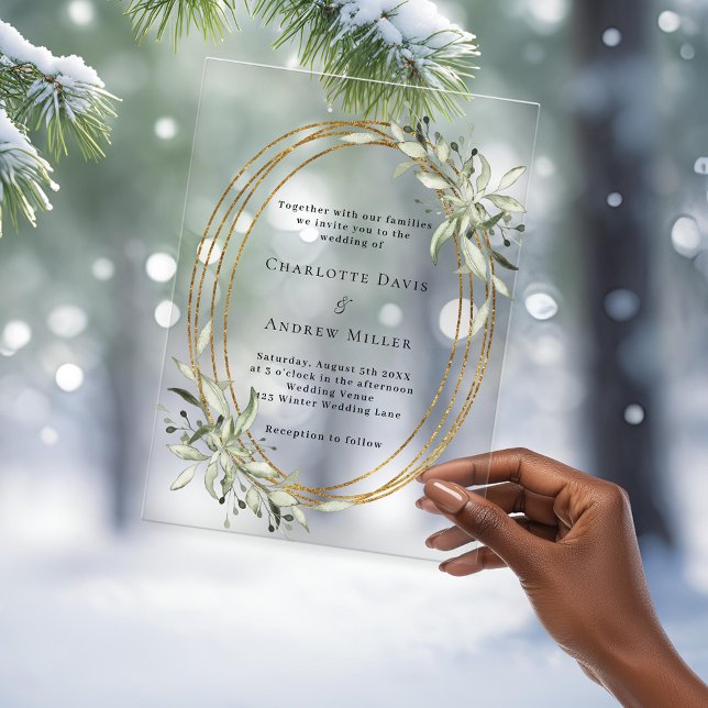 Sage green greenery gold frame clear wedding acrylic invitations (Creator Uploaded)