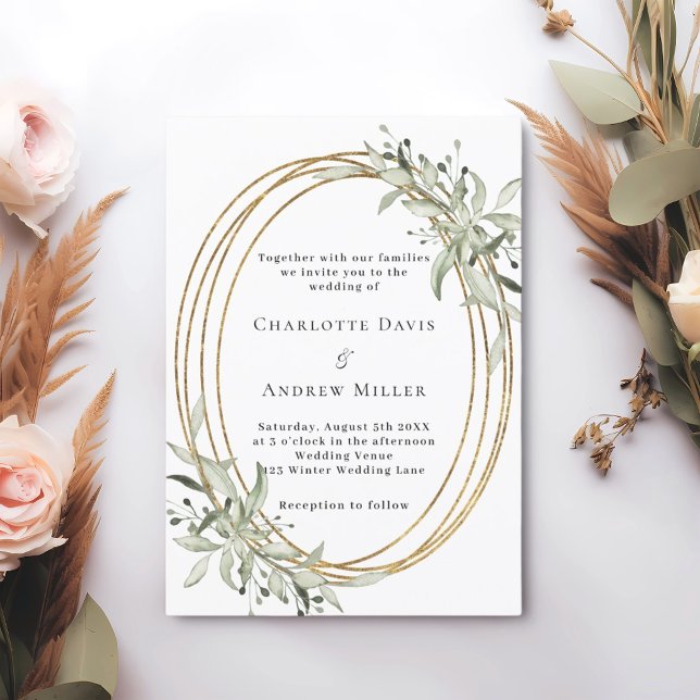 Sage green greenery gold frame wedding invitation (Creator Uploaded)