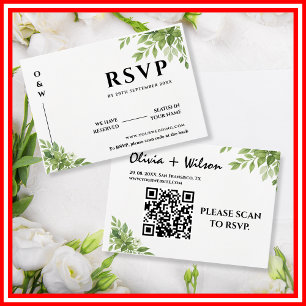 Sage Green Greenery Leaves QR Code Wedding RSVP Card