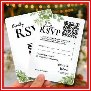 Sage Green Greenery Leaves QR Code Wedding RSVP Card