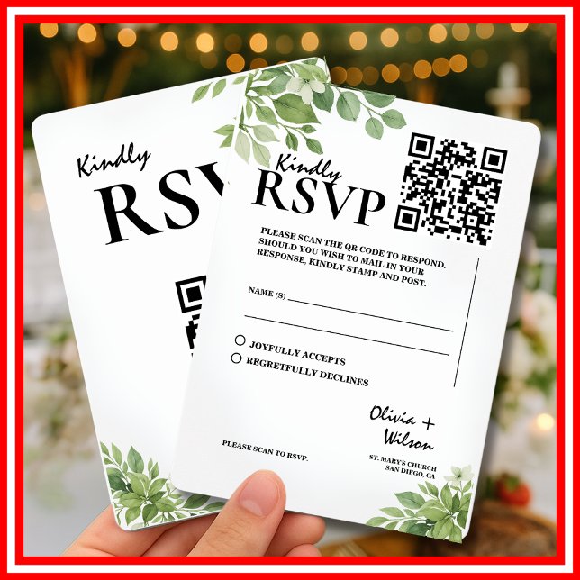Sage Green Greenery Leaves QR Code Wedding RSVP Card (Creator Uploaded)