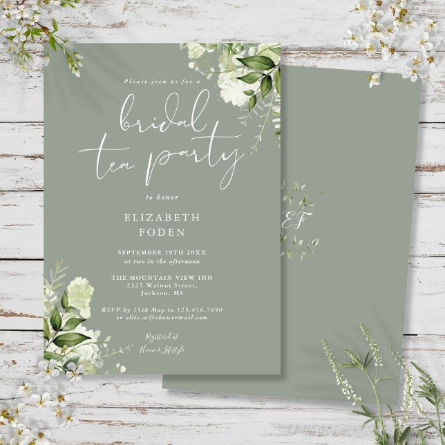 Sage Green Greenery Monogram Bridal Tea Party Invitation (Sage Green Greenery Monogram Bridal Tea Party Invitation)